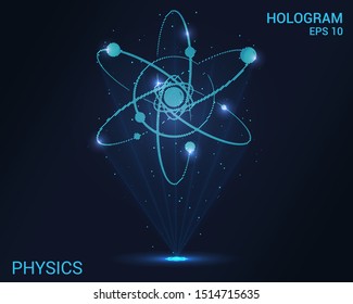 Hologram physics. Holographic projection of atoms. Flickering energy flux of particles. Scientific design is science.