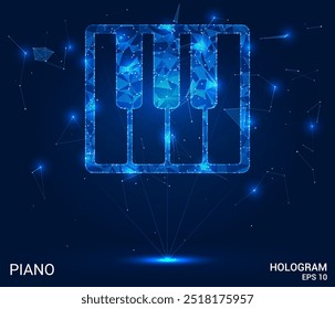 A hologram of a piano. A piano made of polygons, triangles of dots and lines. The piano has a low polygonal connection structure. Technology concept vector.