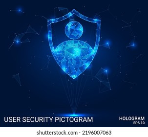 Un holograma es un pictograma de la seguridad del usuario. La seguridad del usuario consiste en polígonos, triángulos de puntos y líneas. Estructura de conexión de baja polilla del icono de seguridad del usuario. Vector de concepto de tecnología.