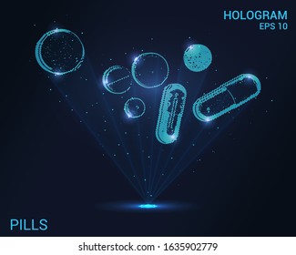 Hologram of the pill. Holographic projection of the pill. Flickering energy flux of particles. The scientific design of the pill.