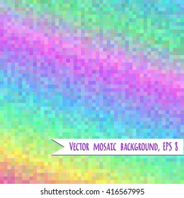 Hologram pixel mosaic, rainbow background, vector EPS 8