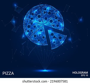 Hologram pizza. Pizza made of polygons, triangles of dots and lines. Pizza icon is a low-poly compound structure. Technology concept vector.