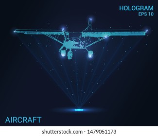 Hologram plane. A holographic projection of the single-engine plane. Flickering energy flux of particles. The scientific design of the aircraft.