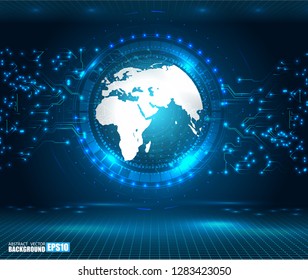 Hologram planet Earth in window virtual touchscreen user interface. Futuristic planet on target screen