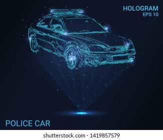 Hologram police. Holographic projection of a police car. Flickering energy flux of particles.