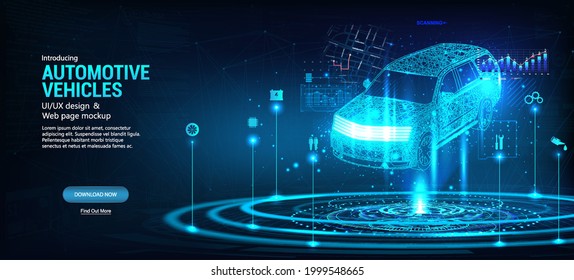 Hologram polygonal model auto. Concept smart auto AI in futuristic style with HUD and concept icons. Driverless car working modes, Smart automobile and electric machine. Automation functions. Vector