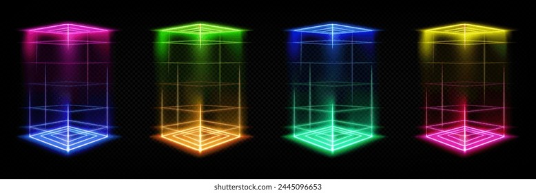 Hologram portal with neon light effect for game. Magic glow teleport. Futuristic tech gradient platform with laser beam for product scene. Energy aura for ui interface with metaverse hud frame design