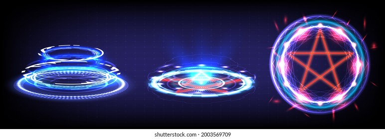 Hologram portal of science futuristic. Sci-fi digital hi-tech collection in glowing HUD. Magic warp gate in game fantasy. Abstract technology. Circle teleport podium. GUI, UI virtual reality stargate