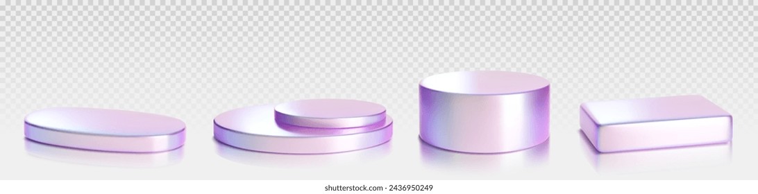 Hologram product podium of cylinder low, middle and two step, rectangular shape for promo and presentation. Realistic 3d vector illustration set of metal goods display platform with holographic effect