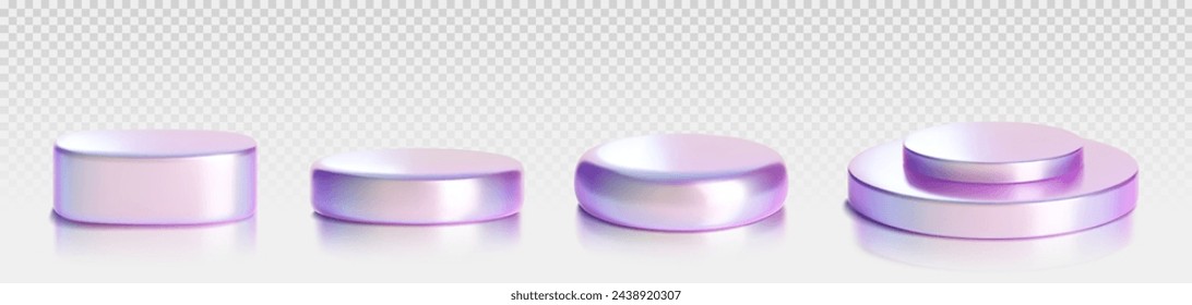 Hologram product podium of cylinder low, middle and two step, round shape for promo and presentation. Realistic 3d vector illustration set of metal goods display platform with holographic effect