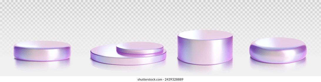 Hologram product podium of cylinder low, middle and two step, round shape for promo and presentation. Realistic 3d vector illustration set of metal goods display platform with holographic effect