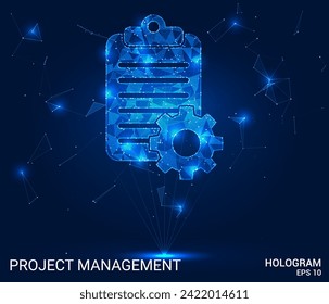Hologram project management. Project management of polygons, triangles of points and lines. The notebook and the gear are a low-poly connection structure. Technology concept vector.
