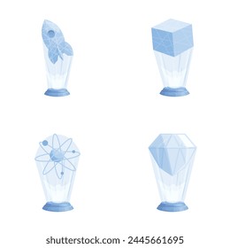 Hologram projection icons set cartoon vector. Rocket, cube, planet and diamond. Future technology