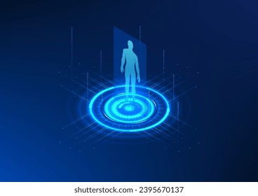 Hologram projection technology A projected image of a person along with a technology circle that Shows treatment, health care and modern medical technology.