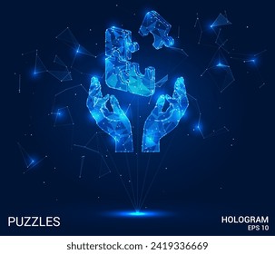 Hologram puzzles. Puzzles in the hands of polygons, triangles of dots and lines. The puzzle is in the hands of a low-poly compound structure. Technology concept vector.