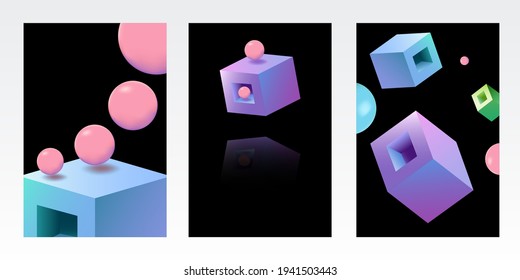 Hologram Rectangle Holographic Vector Set Black Background. Graphic Cube Illustration. Purple and Red Fashion Template. Pink and Blue Box Cover.