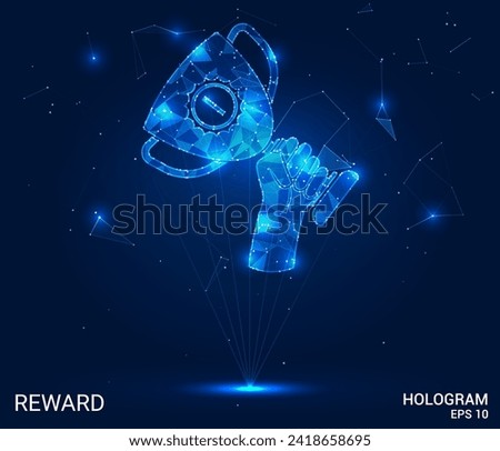 The hologram is a reward. The reward in the hand consists of polygons, triangles of dots and lines. The winner's cup is a low-poly compound structure. Technology concept vector.