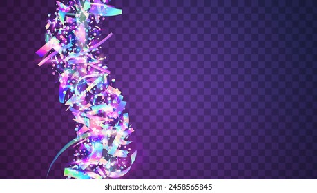 Hologram Ribbon. Falling Paper. Retro Template. Color Confetti. Neon Background. Happy Holographic Explosion. Surprise Design. Pink Art Burst. Purple Hologram Ribbon
