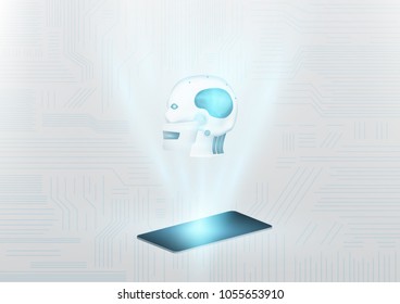 Hologram of robotic human with an Artificial Intelligence brain is displaying on smartphone with circuit board as backdrop. Futuristic design concept. Abstract digital and technology background. 