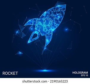 The hologram is a rocket. A spaceship made of polygons, triangles of points and lines. Journey to the stars low poly compound structure. Technology concept.