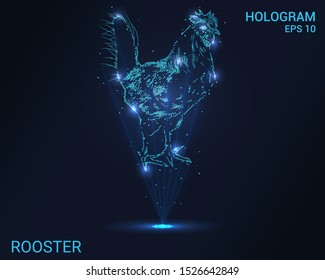 Hologram of the rooster. Holographic projection of a rooster. Flickering energy flux of particles. Scientific design of a bird.