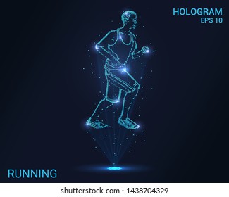 Hologram running. Running for health. Flickering energy flux of particles. The scientific design of the sport.