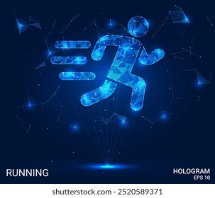 Holograma correndo. Correr feito de polígonos, triângulos, pontos e linhas. Estrutura de execução de baixo-poli de conexões. Vetor de conceito de tecnologia.