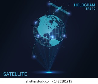 Hologram satellite. The satellite flies around the earth holographic projection. Flickering energy flux of particles. Scientific design of telecommunications.