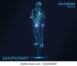 Hologram saxophonist. Holographic projection of the saxophonist. Flickering energy flux of particles. Scientific music design.