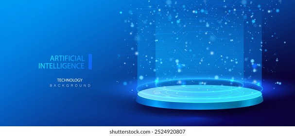 Holograma de ciencia ficción Ai podium sobre fondo azul. Teletransporta inteligencia artificial con círculos de luz de neón. Plataforma de visualización de alta tecnología futurista de fantasía. Ilustración vectorial.