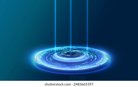 Hologram sci-fi portal game on blue background. Podium teleport with neon light circles. Fantasy futuristic technology high tech platform. Vector illustration.