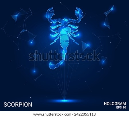 A hologram of a scorpion. A scorpion made of polygons, triangles of dots and lines. Scorpio is a low-poly compound structure. Technology concept vector.