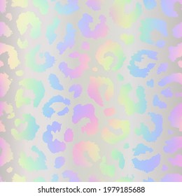 Hologram seamless pattern. Holographic animal texture. Iridescent background skin leopard, cheetah, panther or jaguar. Pearlescent color abstract design. Holography print. Rainbow gradient. Vector