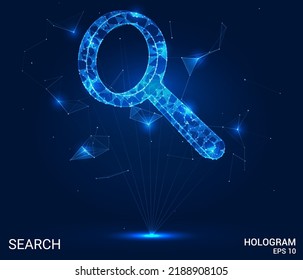 Hologram search. Search from polygons, triangles of points and lines. The magnifier is a low-poly compound structure. Technology concept.