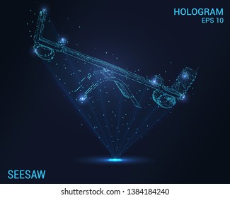 Hologram seesaw. Holographic projection of the swing. Flickering energy flux of particles. The scientific design of the seesaw