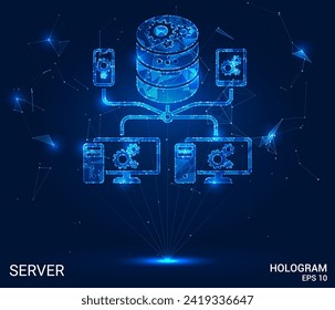 Der Hologramm-Server. Der Server besteht aus Polygonen, Dreiecken von Punkten und Linien. Der Server befindet sich in den Händen einer Low-Poly-Verbindungsstruktur. Technologiekonzept, Vektor.