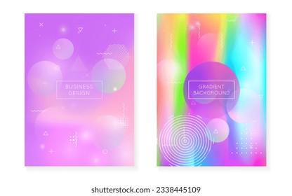 Hologramm-Form. Minimales Fluid. Technisches Banner. Weiche Leuchtstoffvorlage. Science Flyer. violette Retro-Präsentation. Farbverlauf-Hintergrund. Memphis Dots. Violett-Hologramm-Form