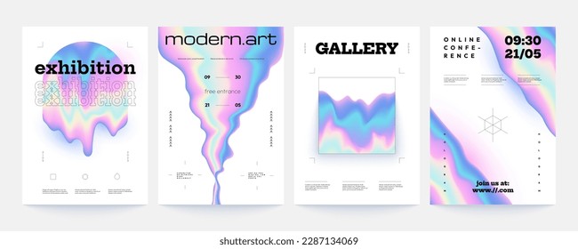Hologram shapes banner. Modern abstract posters with cosmic geometric shapes, retro futuristic liquid sci-fi forms for label and cover design. Vector set of graphic hologram gradient illustration