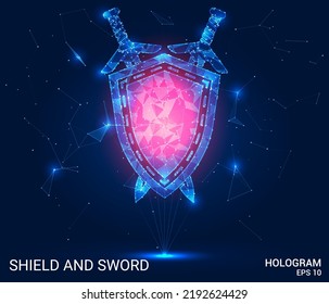Un holograma de un escudo y una espada. Escudo y espada de polígonos, triángulos de puntos y líneas. El icono Escudo y espada son una estructura compuesta de baja polilla. Vector de concepto de tecnología.