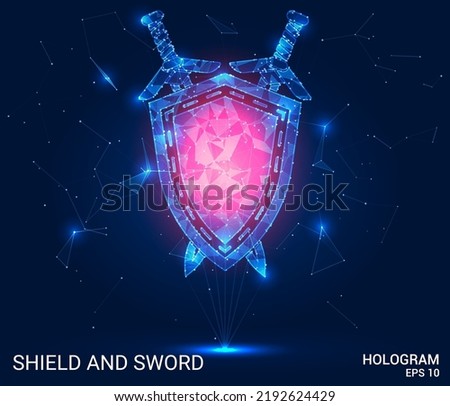 A hologram of a shield and a sword. Shield and sword made of polygons, triangles of dots and lines. Shield and sword icon are low poly compound structure. Technology concept vector.