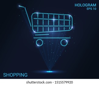 Hologram shopping. Holographic projection shopping cart. Flickering energy flux of particles. Scientific design trade.