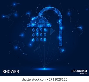 Hologramm-Dusche. Die Dusche besteht aus Polygonen, Dreiecken, Punkten und Linien. Die Dusche ist eine Low-Poly-Verbindungsstruktur. Technologie, Konzept, Vektor. Duschkontur in blauem Ambiente.
