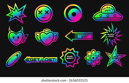 Hologram sicker set with rainbow gradient. Holographic y2k retro label collection.