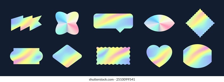 Hologram Silver Stickers Set. y2k Holograph Rainbow Textured Geometric Shapes Collection. Vector Shiny Iridescent Tags Templates. Isolated