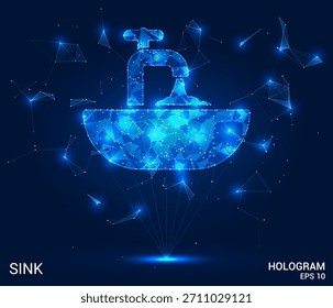 Pia com holograma. A pia é feita de polígonos, triângulos, pontos e linhas. O coletor é uma estrutura de conexão com baixa poli. Tecnologia, conceito, vetor. A forma de pia emerge do azul.