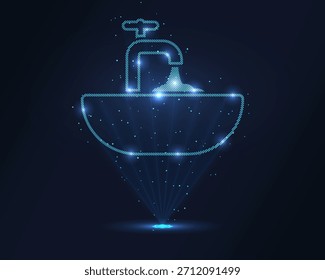 Pia com holograma. Uma pia feita de polígonos, triângulos, pontos e linhas. Estrutura e conexões do coletor de poli baixo. Conceito tecnológico, vetor.