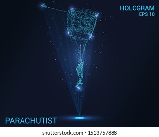 Hologram skydiver. Holographic projection of a parachutist. Flickering energy flux of particles. The scientific design of the aircraft.