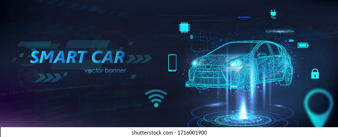 Hologram Smart Car In Futuristic Polygonal Style. Electric Machine. Autonomous Car Vehicle With Infographic. Intelligent Car Banner With Icons And Machine Benefits. Smart Automobile. Vector 