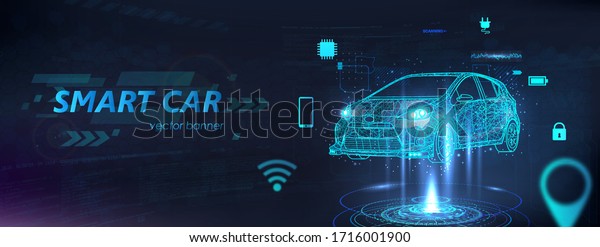 Hologram smart car in futuristic polygonal style.\
Electric machine. Autonomous car vehicle with infographic.\
Intelligent car banner with icons and machine benefits. Smart\
automobile. Vector 