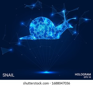 A hologram of a snail. A snail made of polygons, triangles, points, and lines. The snail is a low-poly compound structure. The technology concept.